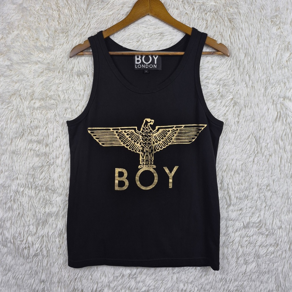 Boy London Mens Black Tank Top Gold Foil Eagle Logo Graphic S Y2K